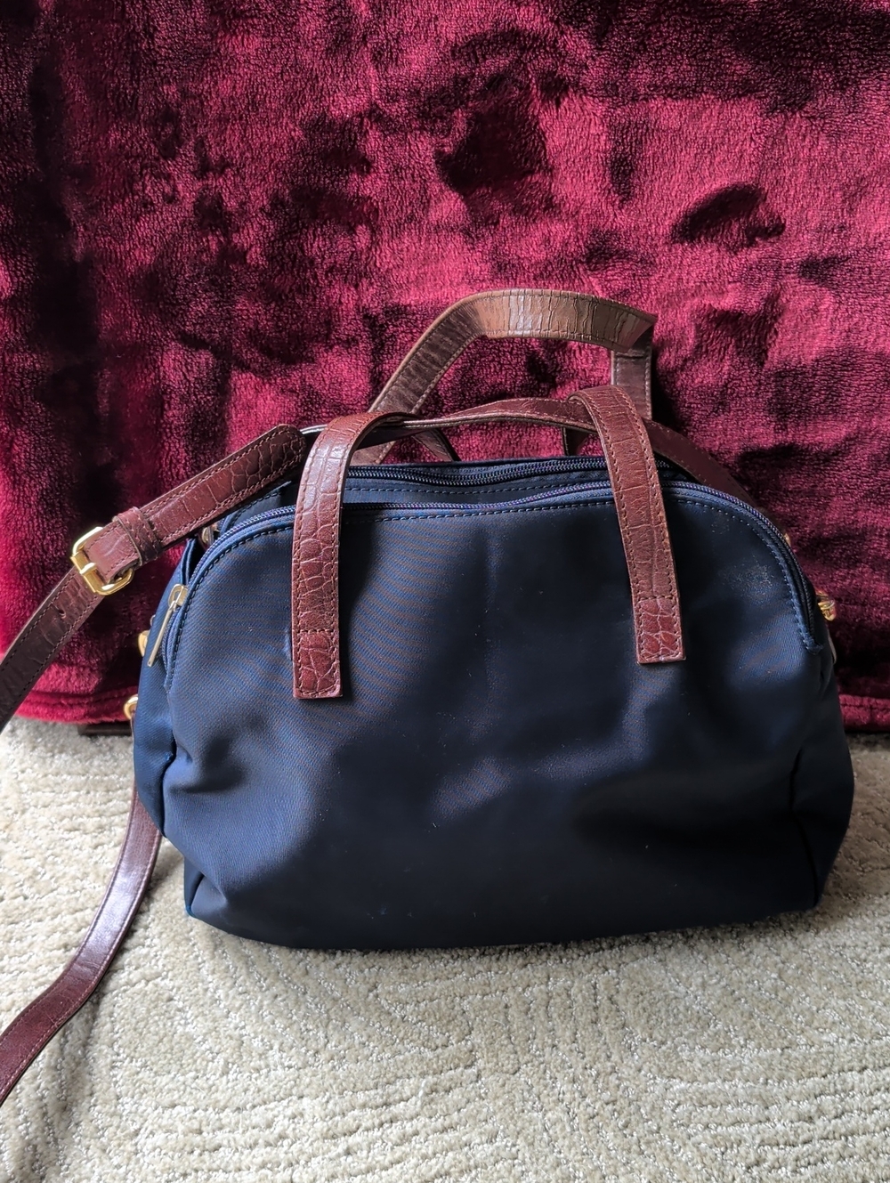 Women's Navy Shoulder Bag with Brown Trim